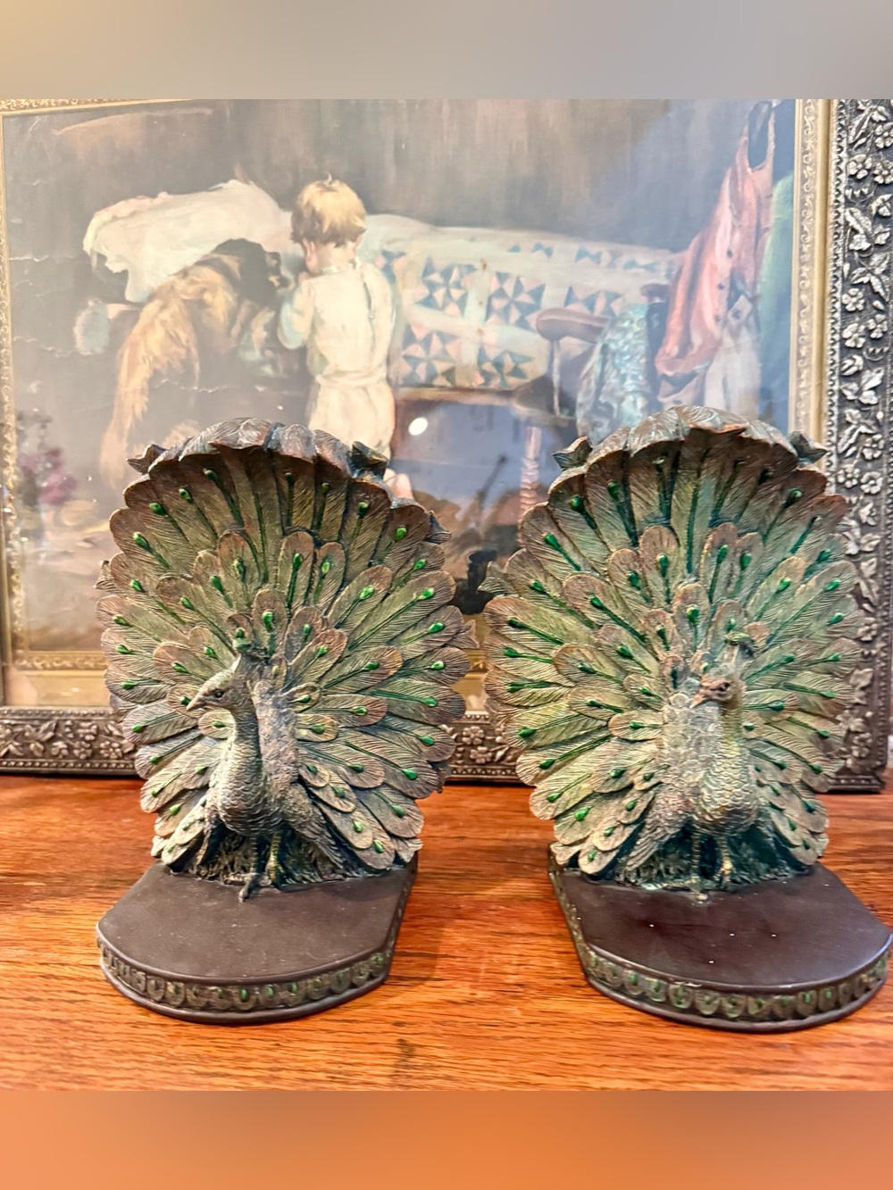 Vintage Peacock Bookends - Green Patina Pair